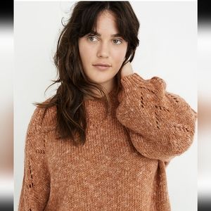 Madewell Pointelle Bubble-Sleeved Pullover Sweater In Marled Acorn